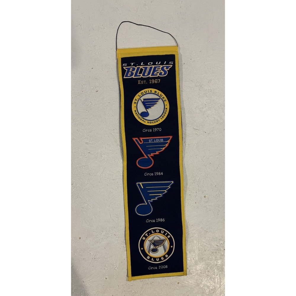 ST. LOUIS BLUES EVOLUTIONS BANNER EMBROIDERED WOOL 8"X32" W/ HANGING ROPE